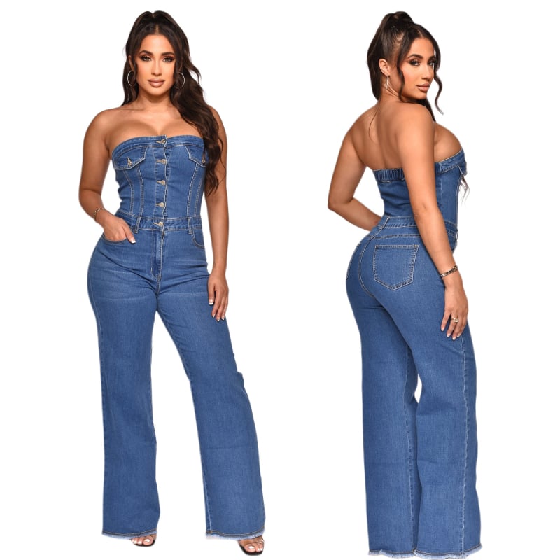 Ženski denim jumpsuit, sladak stil, bez rukava, visok struk, lagano šire nogavice, pamuk i elastan