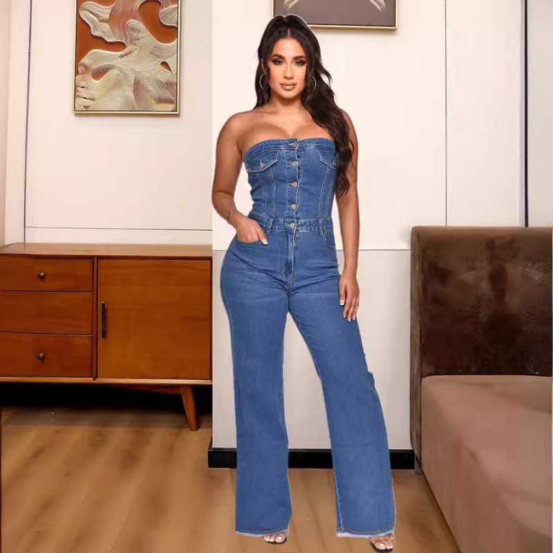 Ženski denim jumpsuit, sladak stil, bez rukava, visok struk, lagano šire nogavice, pamuk i elastan