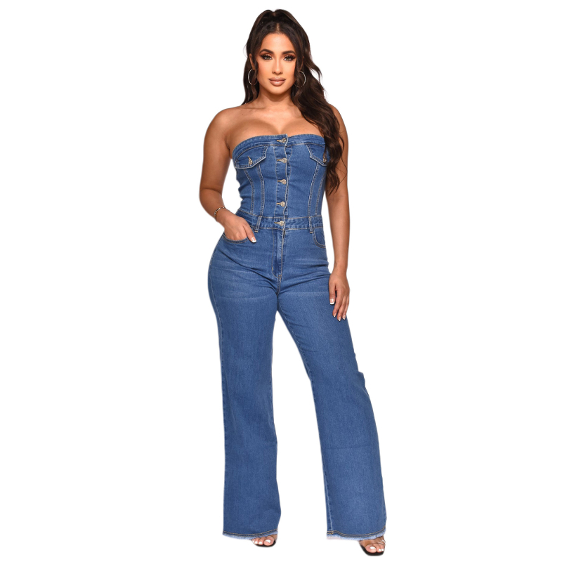 Ženski denim jumpsuit, sladak stil, bez rukava, visok struk, lagano šire nogavice, pamuk i elastan