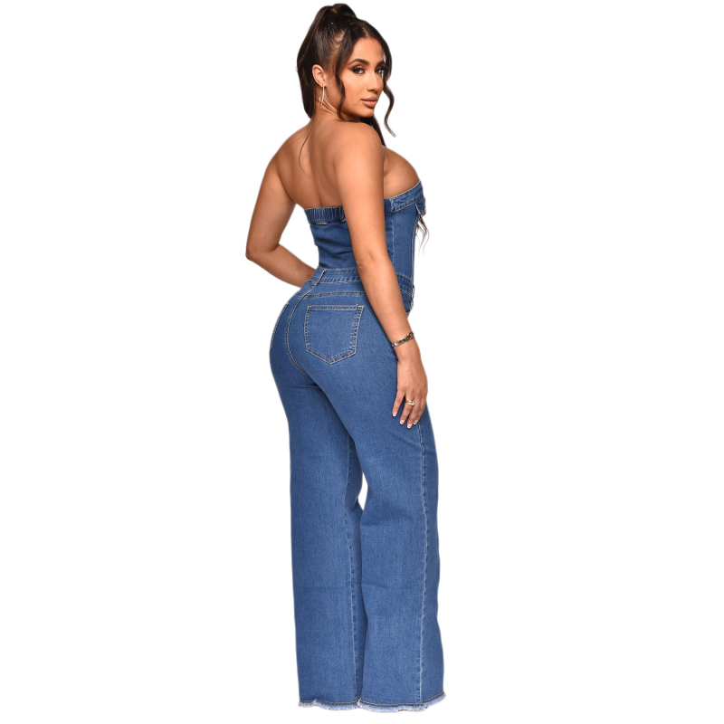 Ženski denim jumpsuit, sladak stil, bez rukava, visok struk, lagano šire nogavice, pamuk i elastan