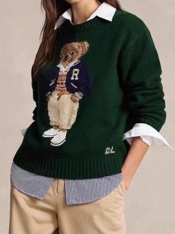 Pulover damă cu glugă, broderie cu ursuleț și motiv desen animat, tricot din lână, mâneci lungi