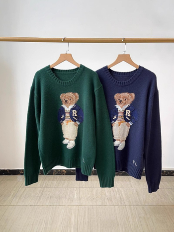 Pulover damă cu glugă, broderie cu ursuleț și motiv desen animat, tricot din lână, mâneci lungi