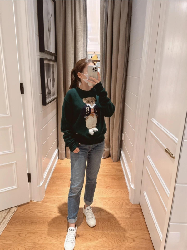 Pulover damă cu glugă, broderie cu ursuleț și motiv desen animat, tricot din lână, mâneci lungi