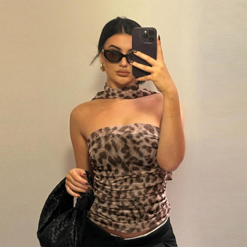 Ženski tube top s leopard printom, uskog kroja, bez naramenica, ultra kratka duljina, poliester