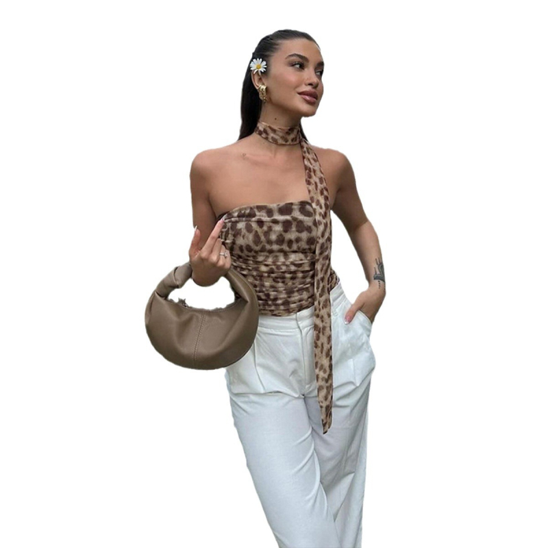 Ženski tube top s leopard printom, uskog kroja, bez naramenica, ultra kratka duljina, poliester