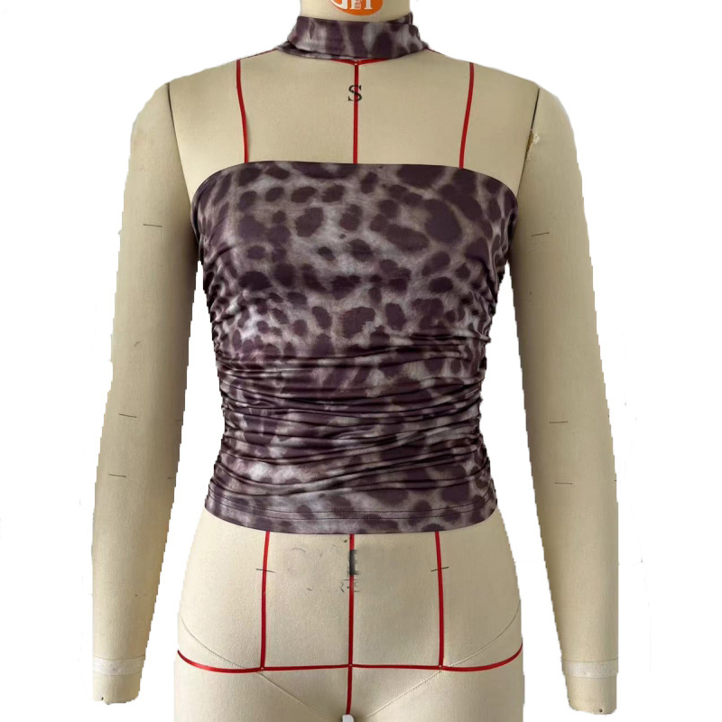 Ženski tube top s leopard printom, uskog kroja, bez naramenica, ultra kratka duljina, poliester