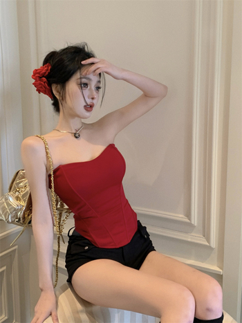 Ženski top bez naramenica, uski kroj, poliester, jednobojna boja, mikroelastični, ljeto 2025