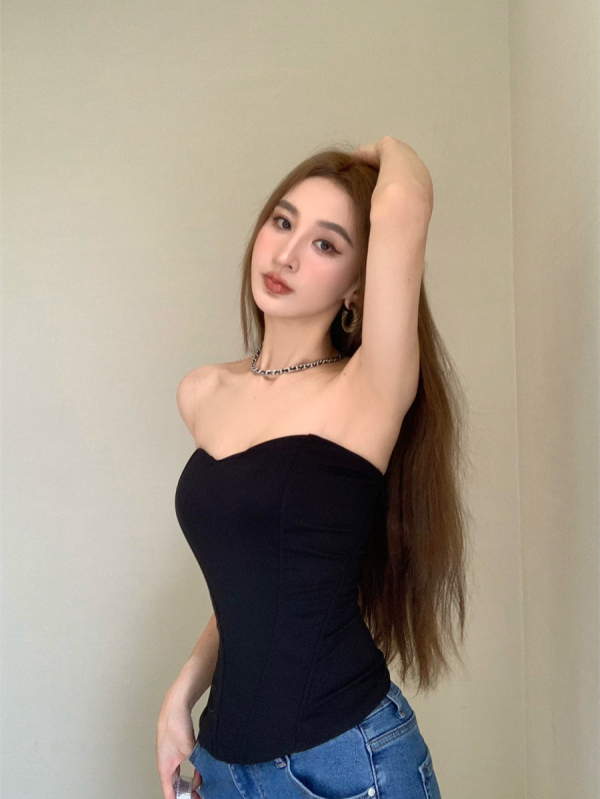 Ženski top bez naramenica, uski kroj, poliester, jednobojna boja, mikroelastični, ljeto 2025