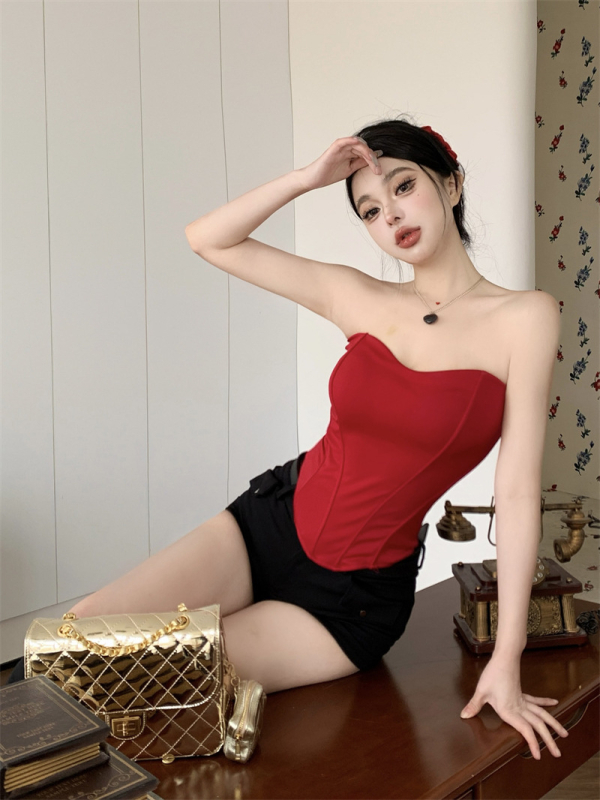 Ženski top bez naramenica, uski kroj, poliester, jednobojna boja, mikroelastični, ljeto 2025