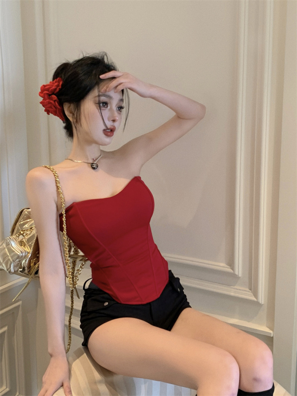 Ženski top bez naramenica, uski kroj, poliester, jednobojna boja, mikroelastični, ljeto 2025