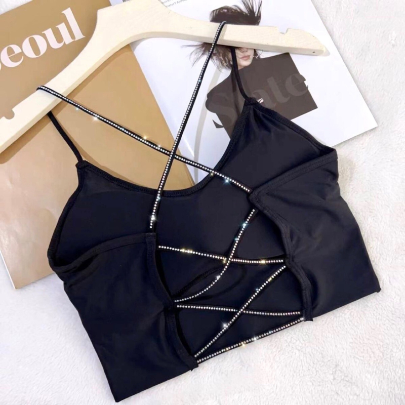 Bezramienkový top z Ice Silk s výplňou na prsia, plný miska, priedušný, ozdoby s diamantmi na chrbte