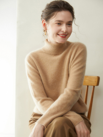 Ženski kašmir pulover s kapuljom i visokim ovratnikom, dugi rukavi, debeli pleteni, 30–50% kašmira, elegantan gradski stil