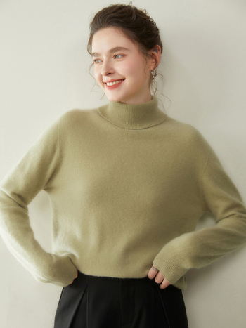 Ženski kašmir pulover s kapuljom i visokim ovratnikom, dugi rukavi, debeli pleteni, 30–50% kašmira, elegantan gradski stil