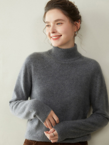 Ženski kašmir pulover s kapuljom i visokim ovratnikom, dugi rukavi, debeli pleteni, 30–50% kašmira, elegantan gradski stil