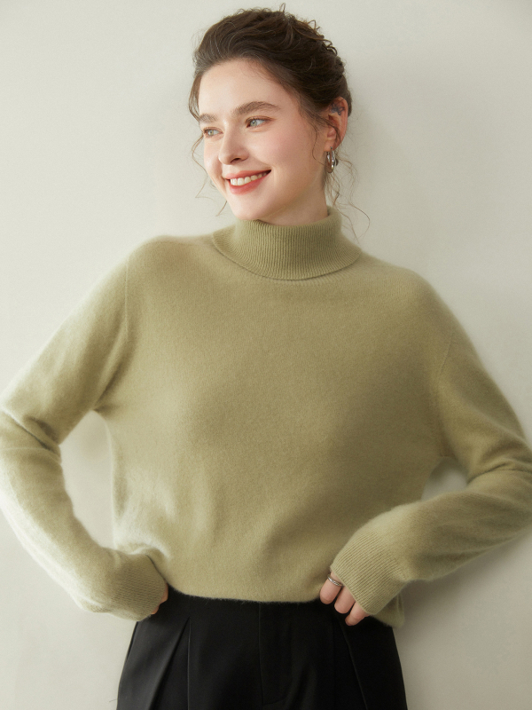 Ženski kašmir pulover s kapuljom i visokim ovratnikom, dugi rukavi, debeli pleteni, 30–50% kašmira, elegantan gradski stil