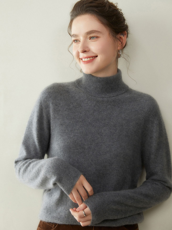 Ženski kašmir pulover s kapuljom i visokim ovratnikom, dugi rukavi, debeli pleteni, 30–50% kašmira, elegantan gradski stil