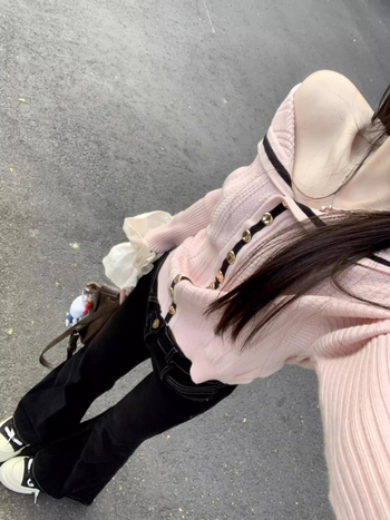 Kórejský štýl sveter-kardigán s blokovým vzorom, z ovčej vlny, dlhé rukávy, bežná dĺžka