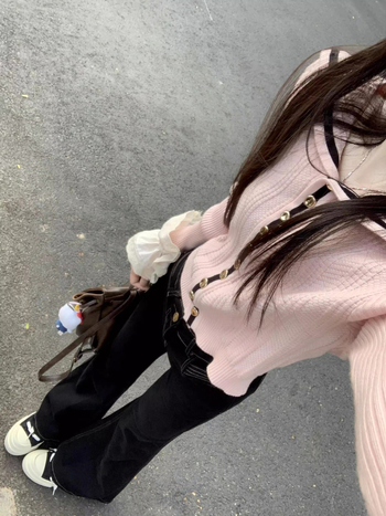 Kórejský štýl sveter-kardigán s blokovým vzorom, z ovčej vlny, dlhé rukávy, bežná dĺžka