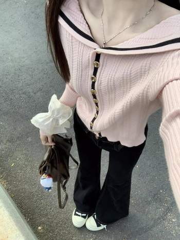 Kórejský štýl sveter-kardigán s blokovým vzorom, z ovčej vlny, dlhé rukávy, bežná dĺžka