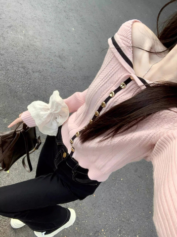 Kórejský štýl sveter-kardigán s blokovým vzorom, z ovčej vlny, dlhé rukávy, bežná dĺžka