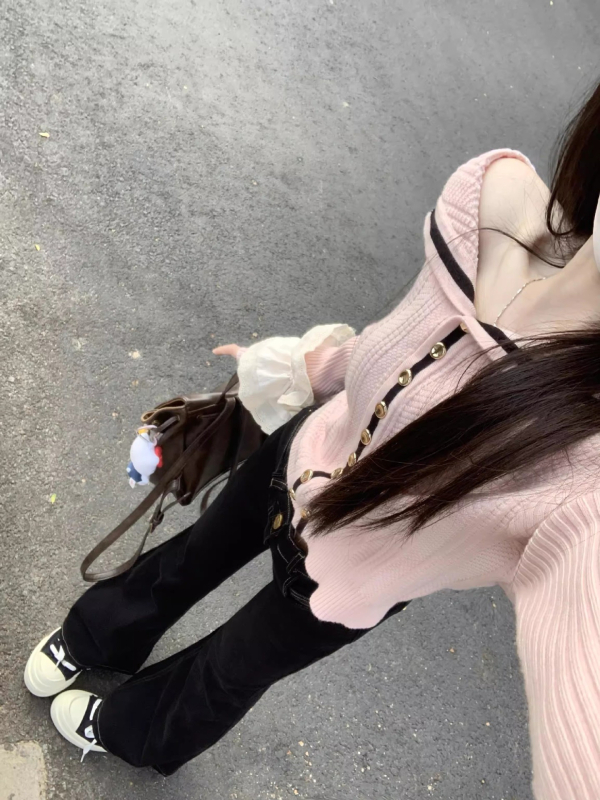 Kórejský štýl sveter-kardigán s blokovým vzorom, z ovčej vlny, dlhé rukávy, bežná dĺžka