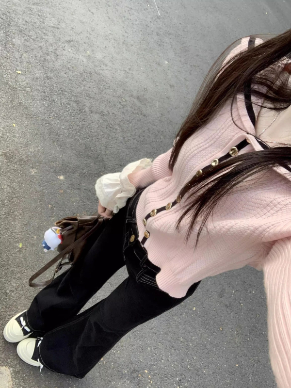 Kórejský štýl sveter-kardigán s blokovým vzorom, z ovčej vlny, dlhé rukávy, bežná dĺžka