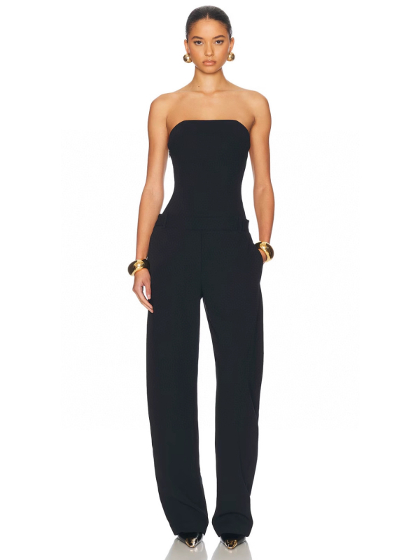 Jumpsuit bez rukava s topom od riblje kosti, visokim strukom, ravne nogavice, poliester (95%+).