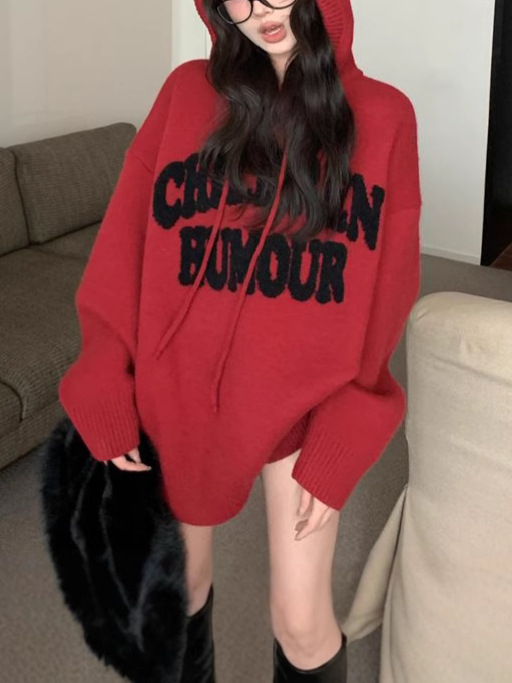 Kapucija džemper-palto s izšivenim slovima, ležerna silueta, viskozna vlakna 80–90%, dugi rukavi