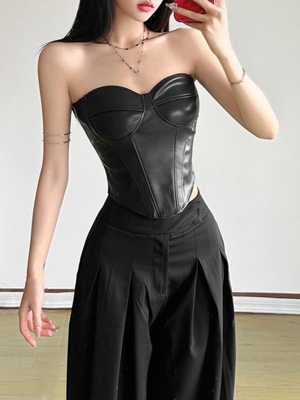 Crop top bez naramenica, uži kroj, ultra kratka dužina ≤40 cm, tkanina od poliuretana, mješavina poliestera 30–50%