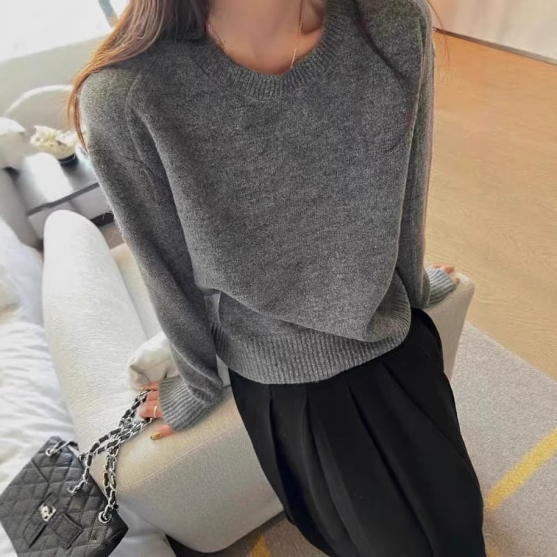 Vlna-poliesterová pletená mikina, raglánové rukávy, hrubá, jednofarebná, voľný strih, okrúhly výstrih, dlhé rukávy, jeseň-zima 2024