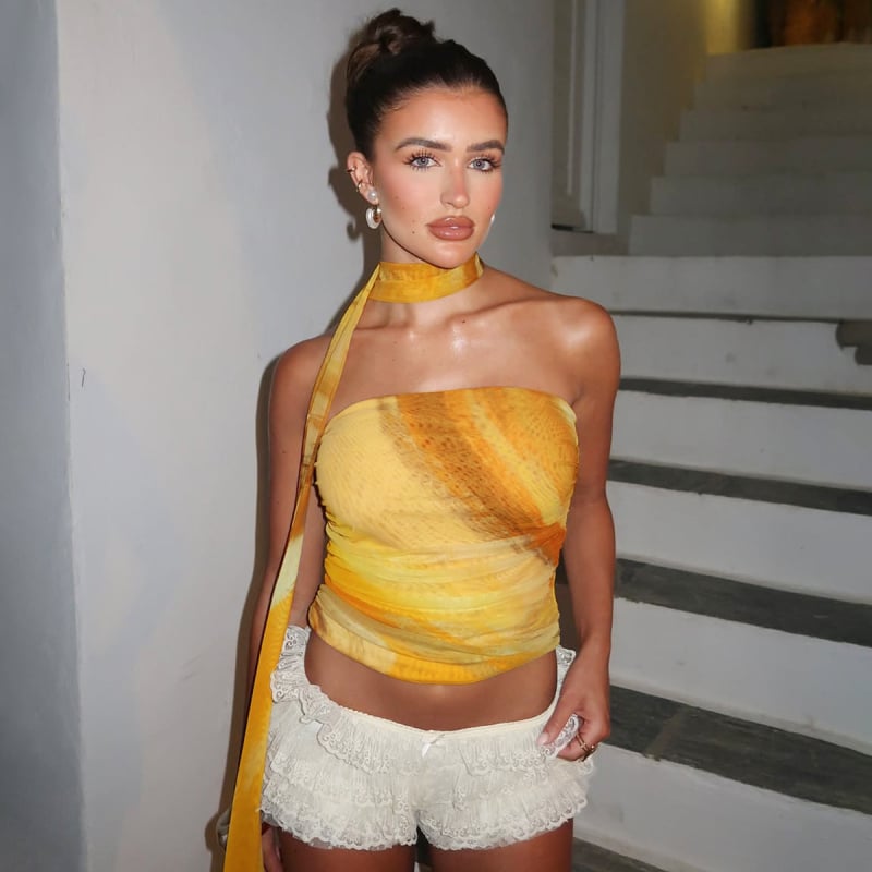 Ulični hipster stil, uski tube top s printom, proljeće 2025, poliester 90–95% + spandex <30%