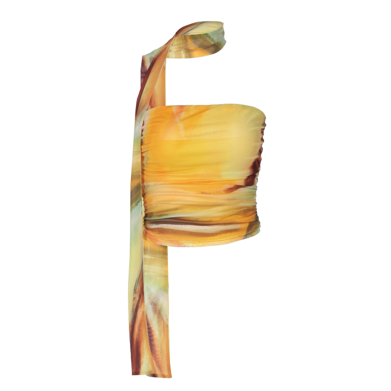 Ulični hipster stil, uski tube top s printom, proljeće 2025, poliester 90–95% + spandex <30%