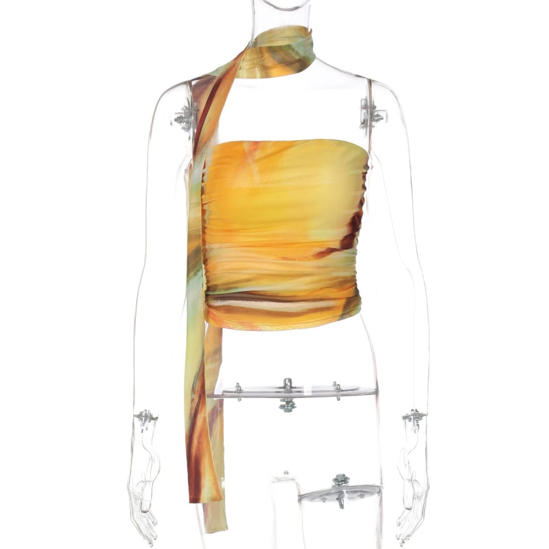 Ulični hipster stil, uski tube top s printom, proljeće 2025, poliester 90–95% + spandex <30%