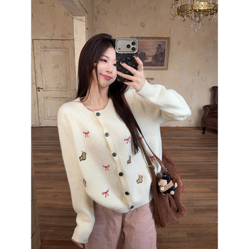 Dámsky kardigán voľný strih - okrúhly výstrih, dlhé rukávy, pletený materiál, vzor mašľa, zloženie: 42% akryl, 28% nylon, 30% polyester