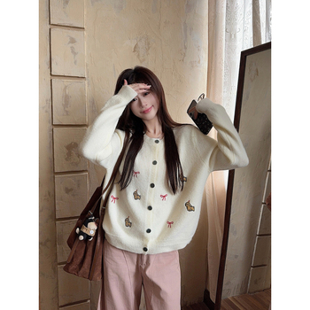 Dámsky kardigán voľný strih - okrúhly výstrih, dlhé rukávy, pletený materiál, vzor mašľa, zloženie: 42% akryl, 28% nylon, 30% polyester