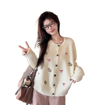 Dámsky kardigán voľný strih - okrúhly výstrih, dlhé rukávy, pletený materiál, vzor mašľa, zloženie: 42% akryl, 28% nylon, 30% polyester