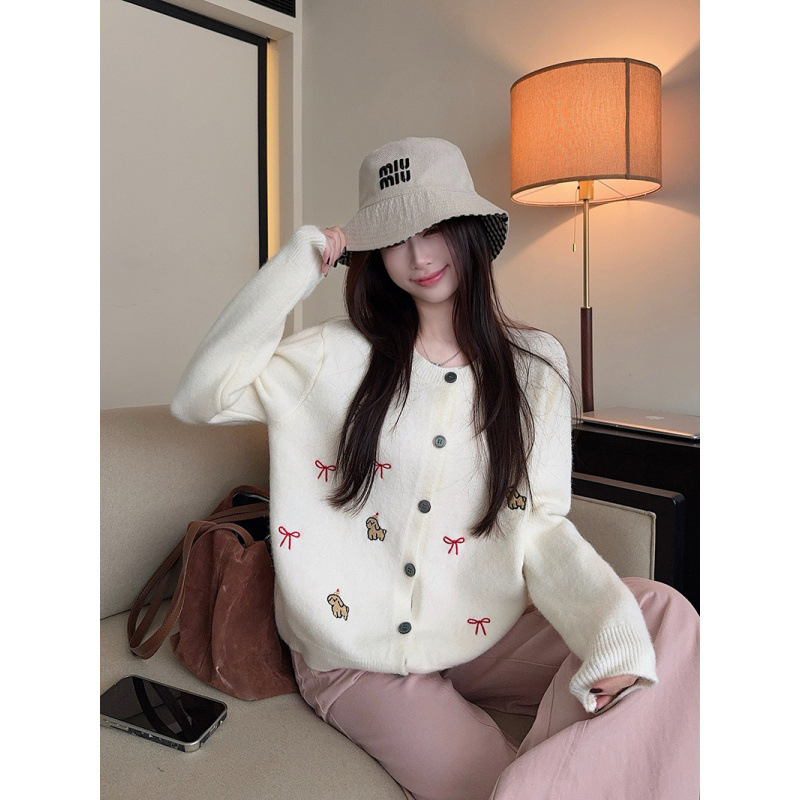 Dámsky kardigán voľný strih - okrúhly výstrih, dlhé rukávy, pletený materiál, vzor mašľa, zloženie: 42% akryl, 28% nylon, 30% polyester