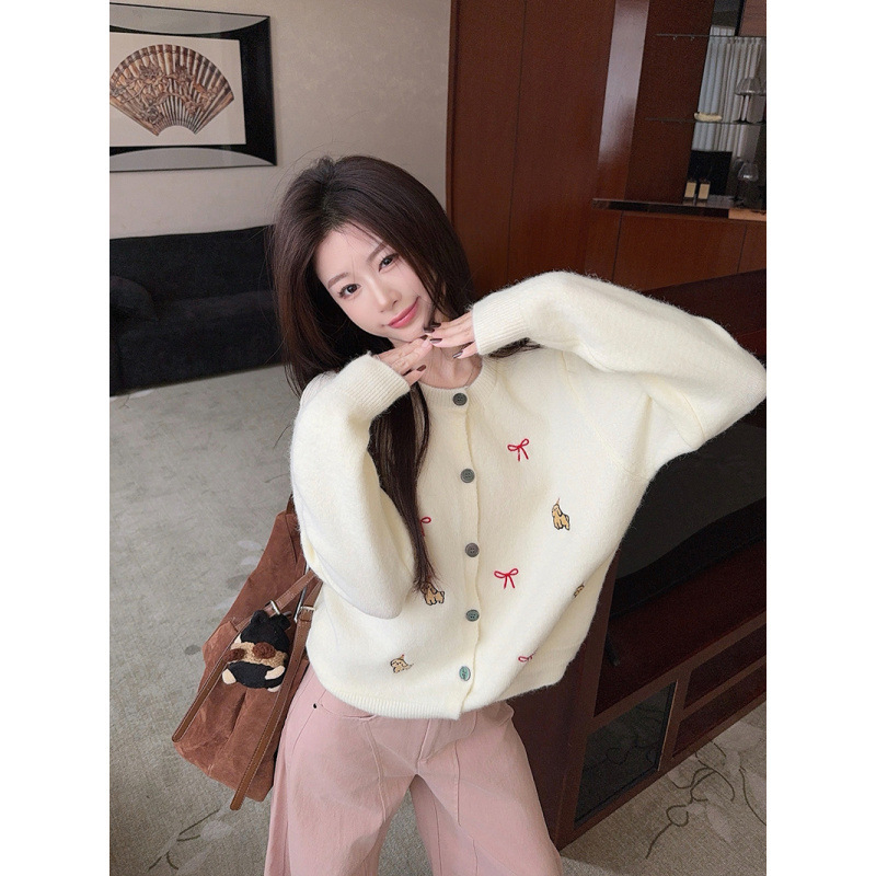 Dámsky kardigán voľný strih - okrúhly výstrih, dlhé rukávy, pletený materiál, vzor mašľa, zloženie: 42% akryl, 28% nylon, 30% polyester