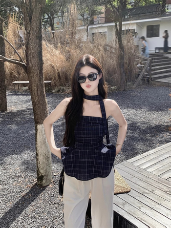 Tube top bez ramena s kariranim printom, retro stil, uski kroj, poliester 95%+