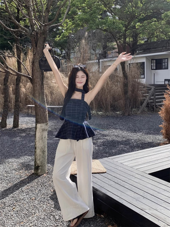 Tube top bez ramena s kariranim printom, retro stil, uski kroj, poliester 95%+