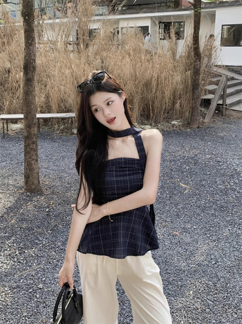 Tube top bez ramena s kariranim printom, retro stil, uski kroj, poliester 95%+