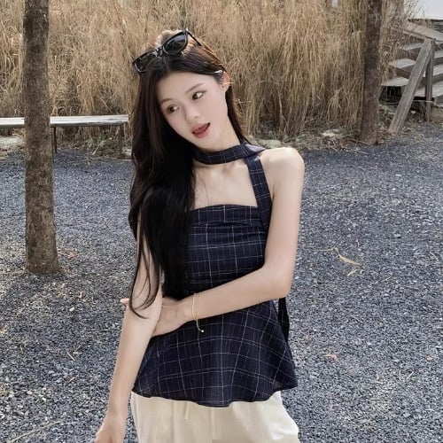 Tube top bez ramena s kariranim printom, retro stil, uski kroj, poliester 95%+