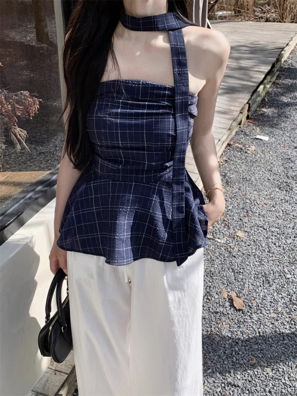 Tube top bez ramienok s károvaným vzorom, retro štýl, úzky strih, polyester 95%+