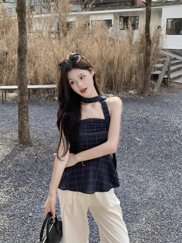 Tube top bez ramena s kariranim printom, retro stil, uski kroj, poliester 95%+