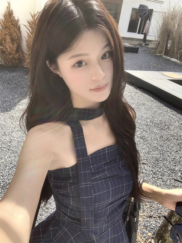 Tube top bez ramena s kariranim printom, retro stil, uski kroj, poliester 95%+