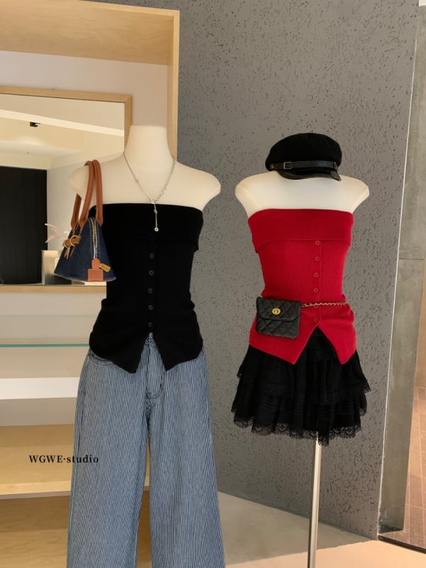 Bez ramienok pletený top s A-čkou siluetou, mikroelastickosť, japonsko-kórejský voľný štýl