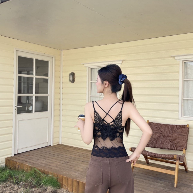 Krajkový tielko s V výstrihom a leopardím vzorom, zadná časť s čipkou motýľa, priedušné, jednopanelové košíky