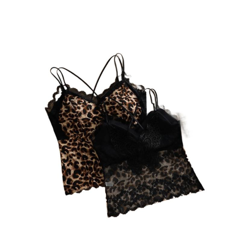 Krajkový tielko s V výstrihom a leopardím vzorom, zadná časť s čipkou motýľa, priedušné, jednopanelové košíky