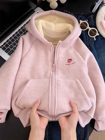 Dievčenská mikina s kapucňou z flisu, zimná hrubá, 80% polyester, krátka dĺžka