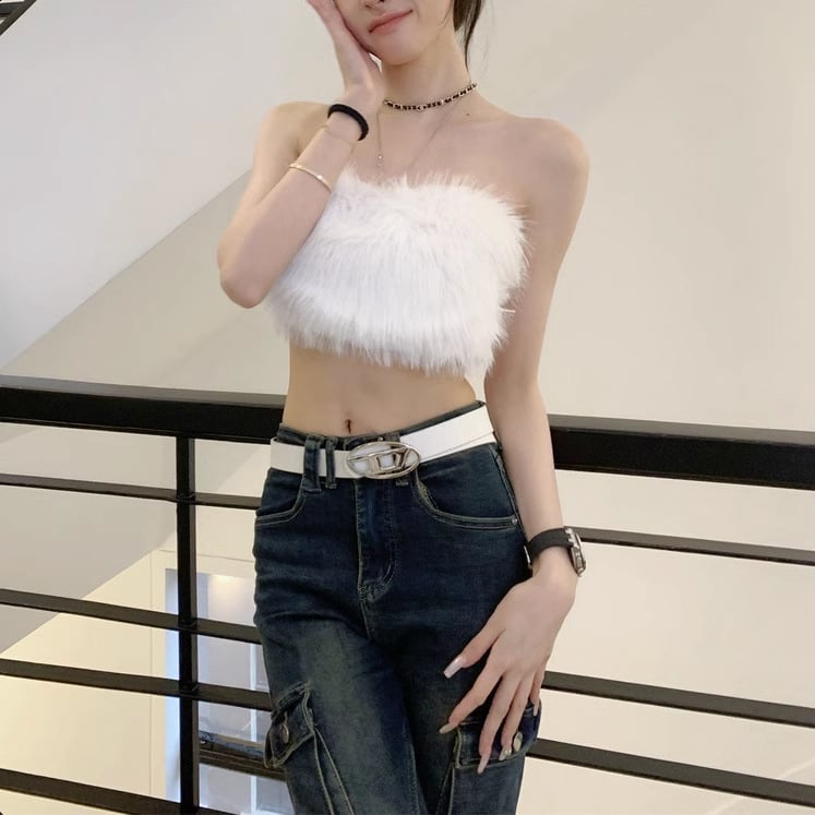 Kórejský štýl bez ramienok, krátky plyšový top, štíhly strih, jeseň 2024